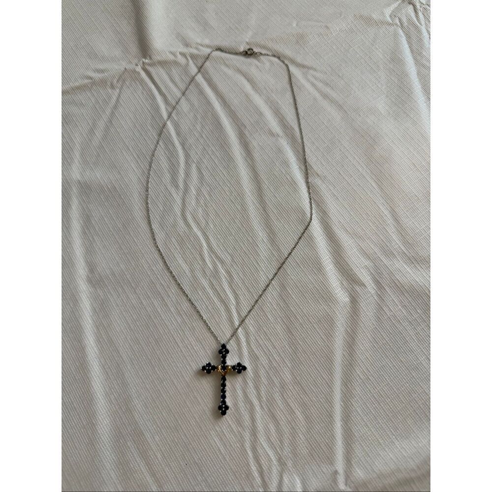Designer 925 Sterling Silver 10K Yellow Gold Sapphire Cross Pendant Necklace - Picture 2 of 6